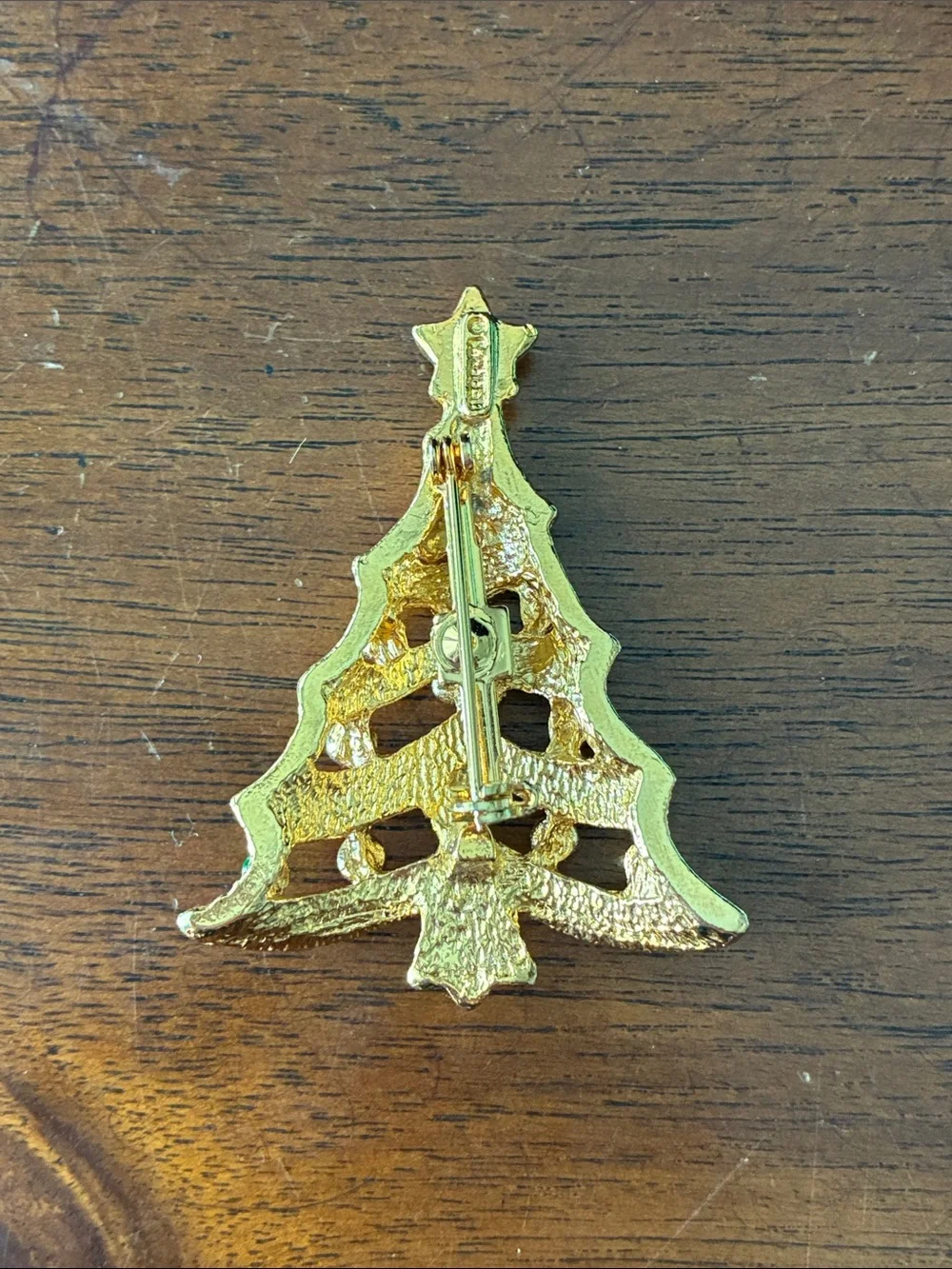 Gold Christmas Tree Brooch with Red and Green Accents